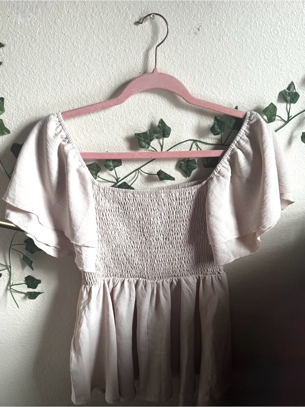 Smocked Off-Shoulder Flutter Sleeve Top - Light Pink